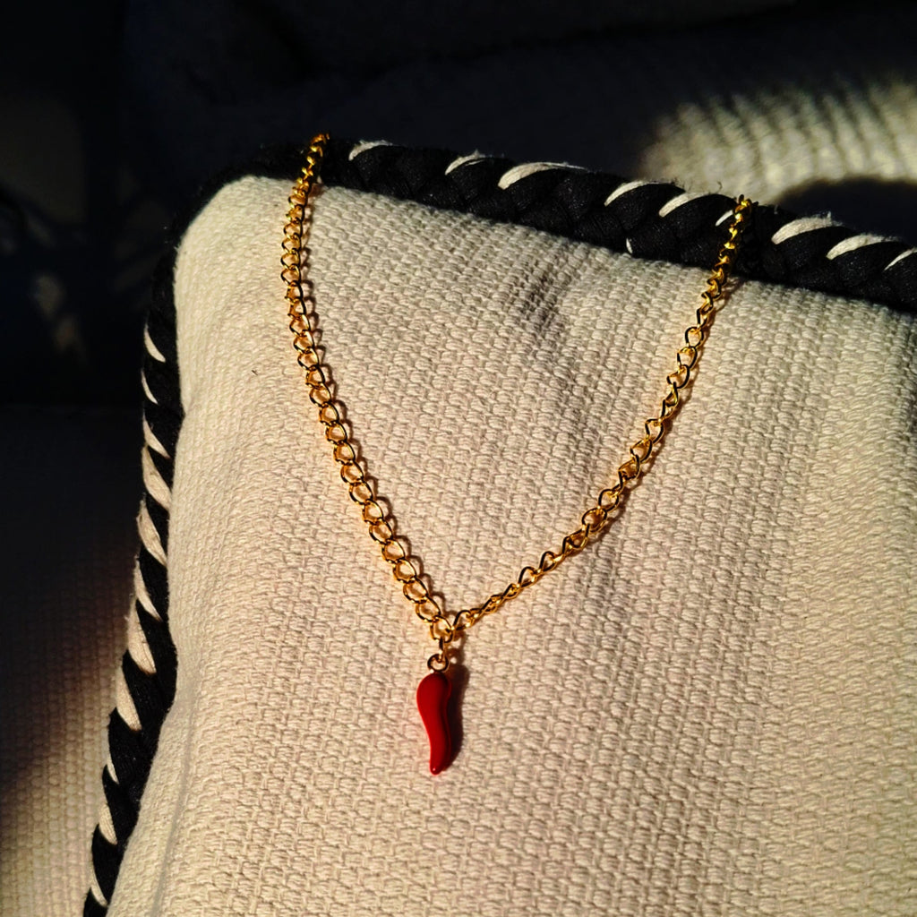 A gold chain necklace with a small red chili pepper pendant, draped on a textured cream fabric with a black and white braided rope border, under dramatic direct sunlight.